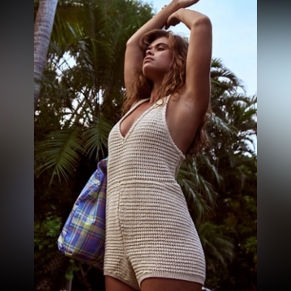 Free People Cream Knit Halter Romper